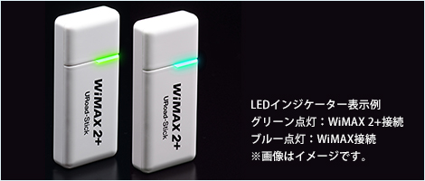 LEDインジケーター表示例 グリーン点灯：WiMAX 2+接続 ブルー点灯：WiMAX接続 ※画像はイメージです。
